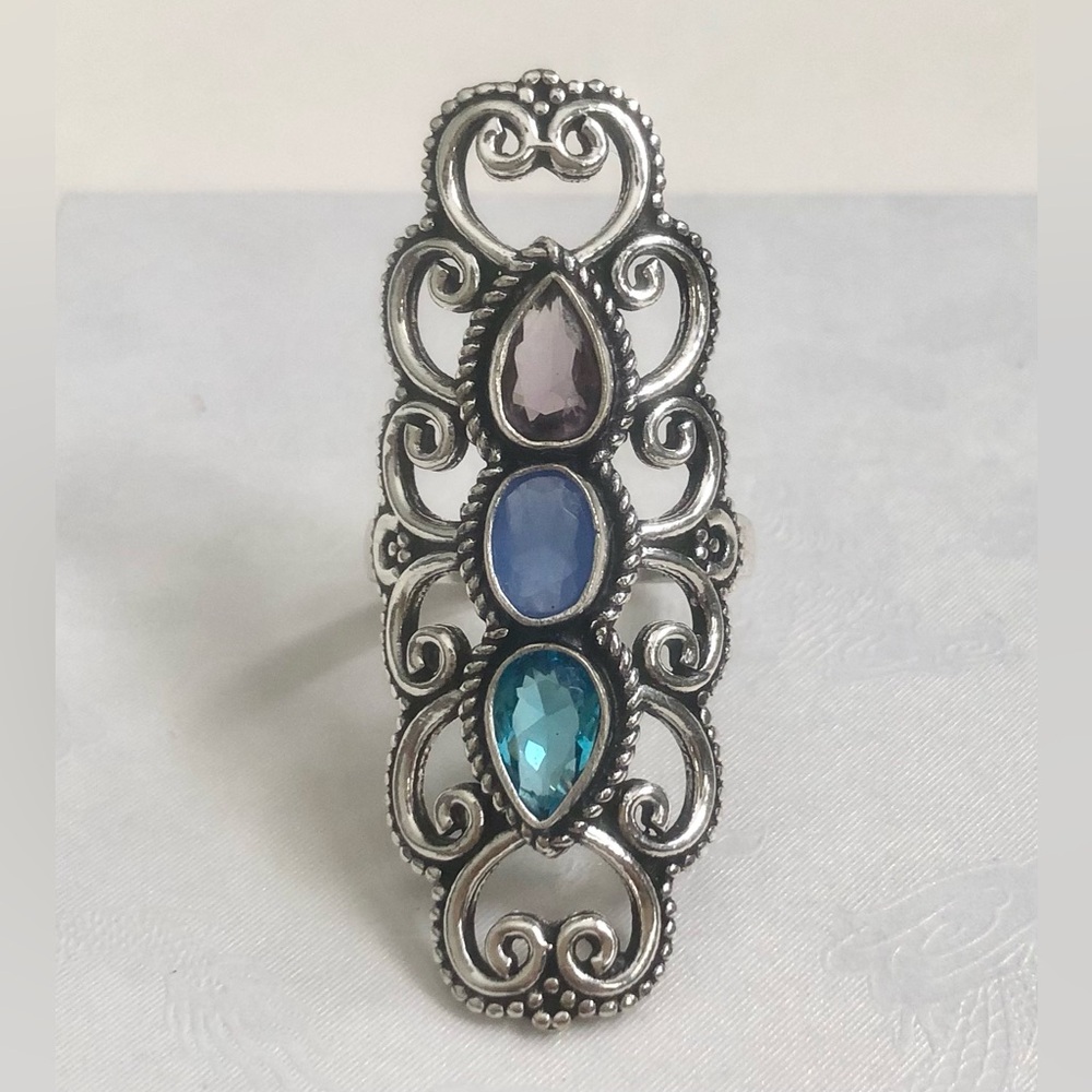 🌹🍃New Chalcedony, Blue Onyx & Amethyst Gemstone Victorian Sterling Silver Ring🍃🌹
